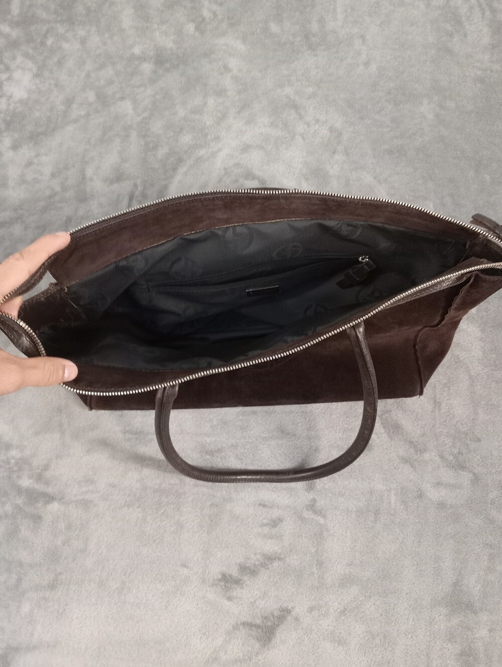 Georgio Armani Dark Brown Suede Women's Tote Bag with Leather Handles One Size - Picture 4 of 9